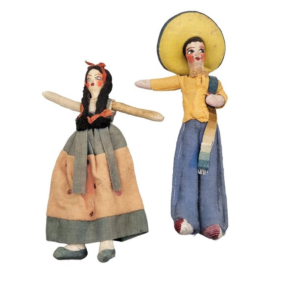 Souvenir Mexican Dolls Traditional Clothing Couple Hand Painted Faces Two 1940s - Picture 1 of 8